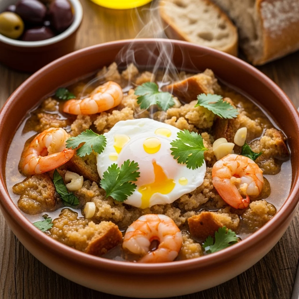 Açorda à Alentejana (Bread and Garlic Soup with Shrimp)