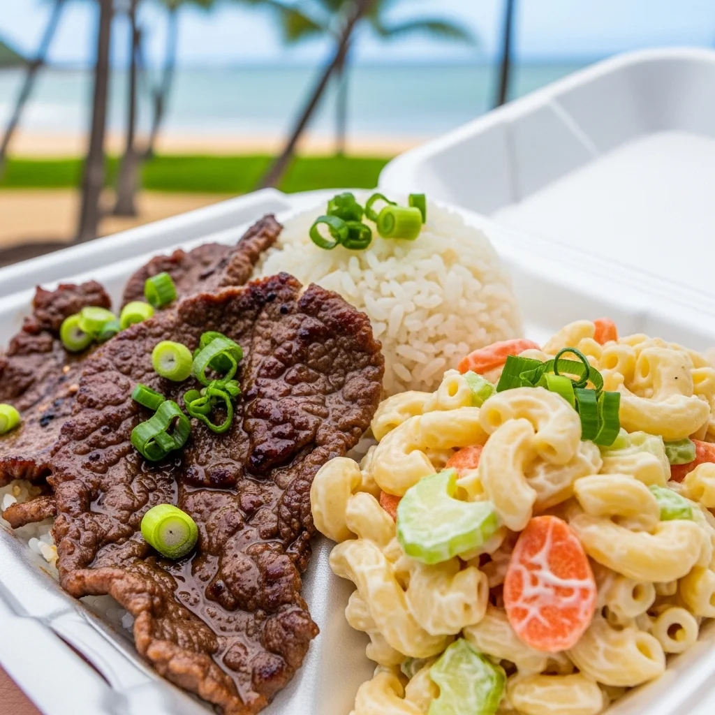Hawaiian Plate Lunch — Teriyaki Beef with Macaroni Salad