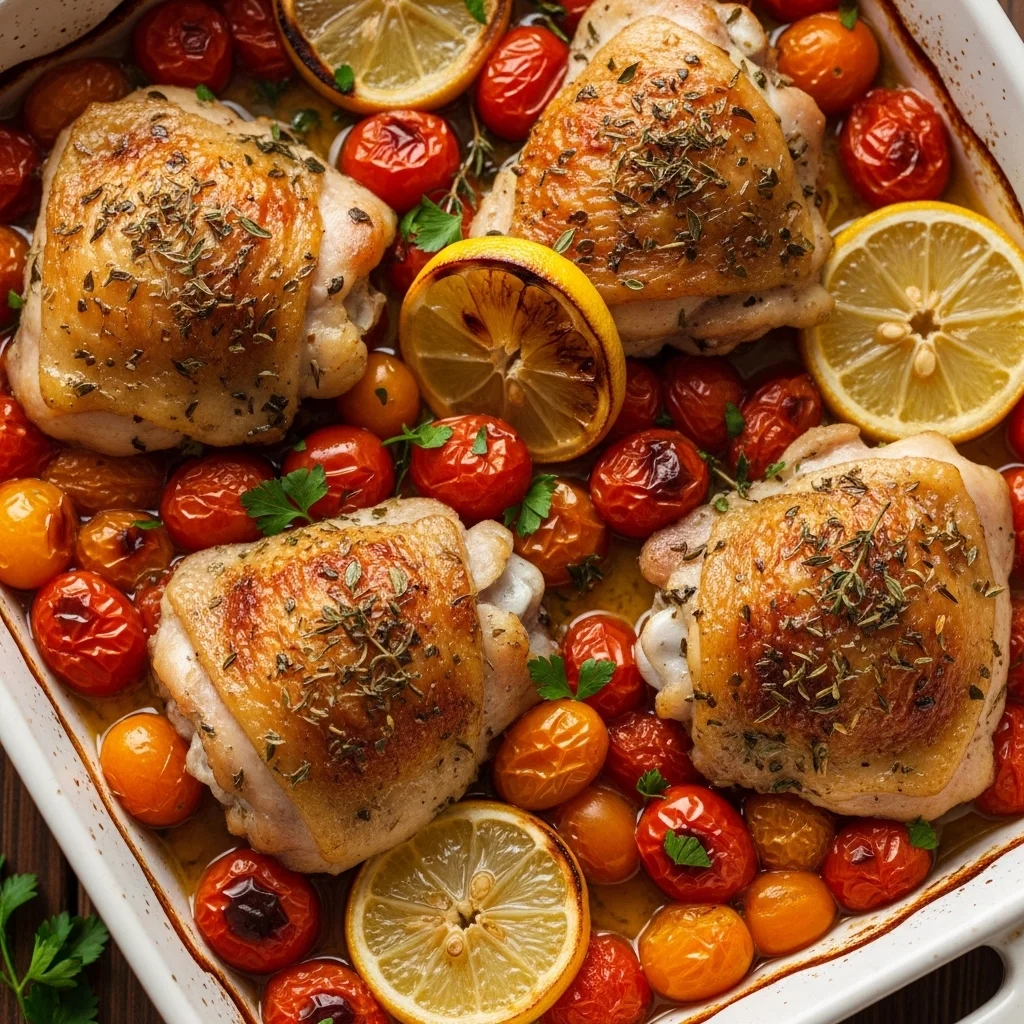 Baked Greek Chicken Thighs with Roasted Tomatoes
