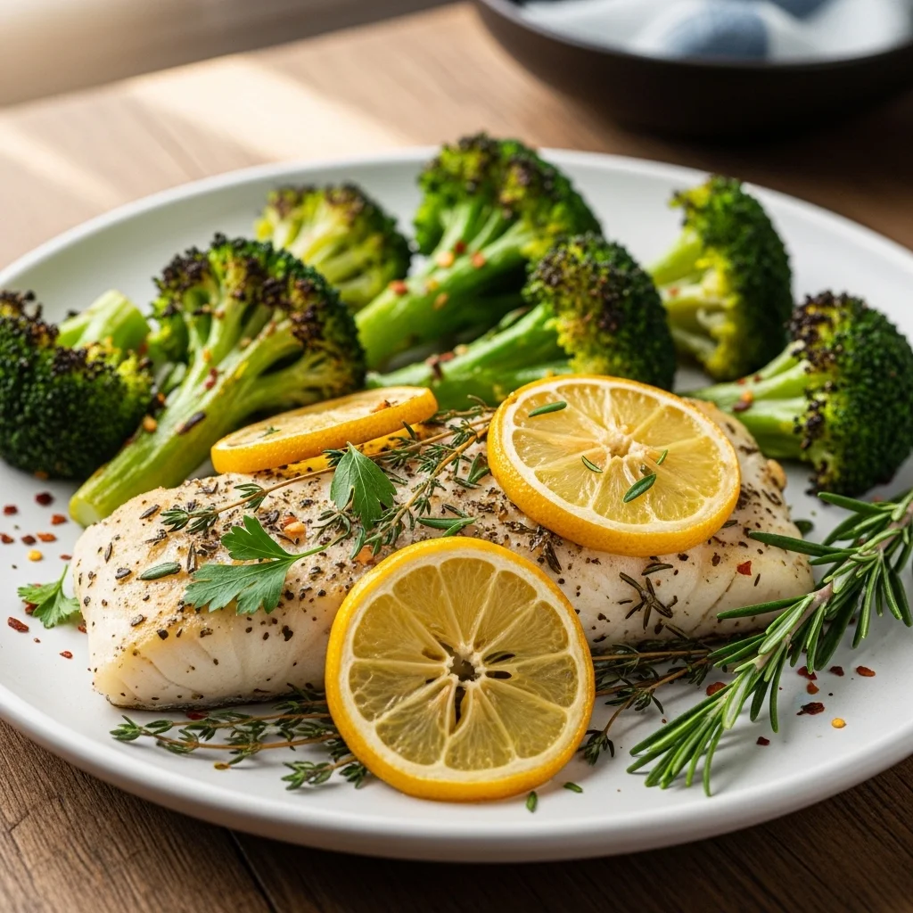 slides-downloader Baked Lemon Herb Cod with Roasted Broccoli