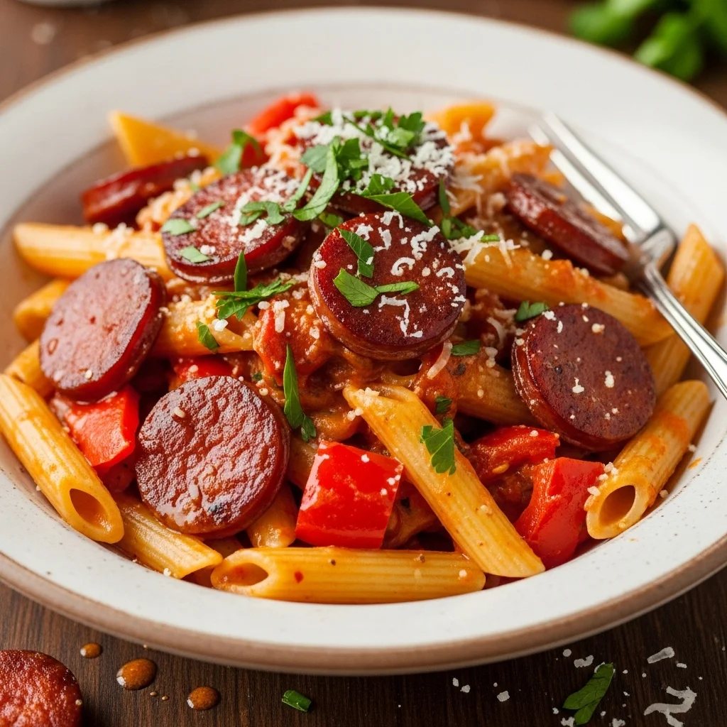 Chorizo Pasta with Roasted Red Pepper Sauce