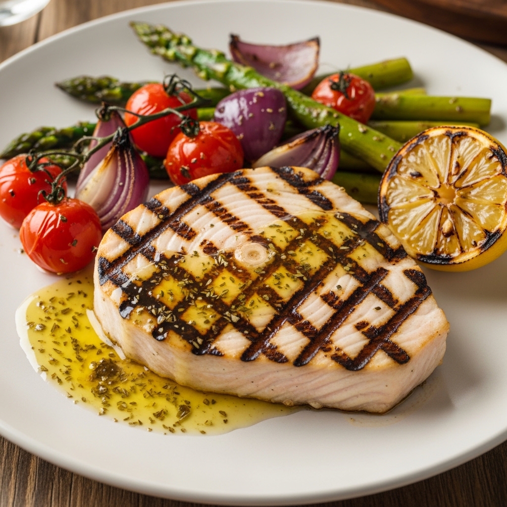 Grilled Swordfish with Ladolemono and Roasted Vegetables