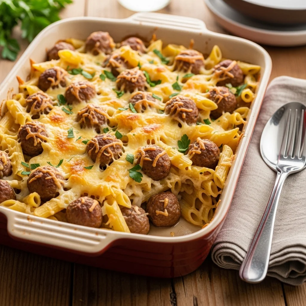 Swedish Meatball Pasta Bake (Köttbullar Pasta Gratäng)